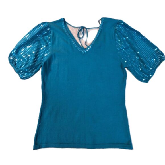 NWOT Laura Petite Sweater Top with Sequin Accents and Puff Sleeves - Picture 1 of 7